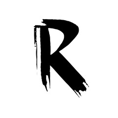 Letter R. Handwritten by dry brush. Rough strokes font. Vector illustration. Grunge style elegant alphabet.