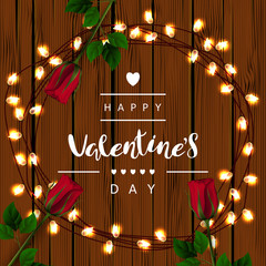 Template squarely festive wooden board background. Red rose, garland. Inscription lettering "Happy Valentine's Day." Vector. View from above.
