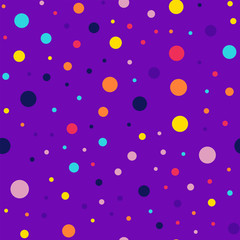 Memphis style polka dots seamless pattern on purple background. Extraordinary modern memphis polka dots creative pattern. Bright scattered confetti fall chaotic decor. Vector illustration.