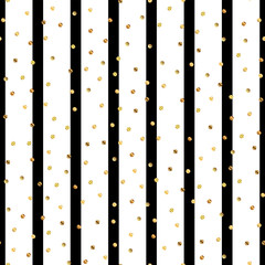 Golden dots seamless pattern on black and white striped background. Ravishing gradient golden dots endless random scattered confetti on black and white striped background. Confetti fall chaotic decor.