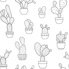 Potted cactus house plants desert flowers. Various cacti species. Seamless pattern. Line outline sketch drawing doodle. Isolated on white background. Black and white vector design illustration.