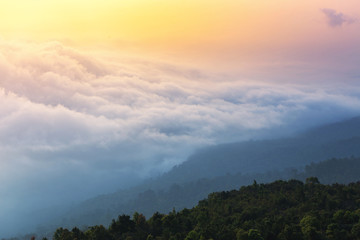 Instagram filter Majestic sunset in the mountains landscape. Dramatic sky