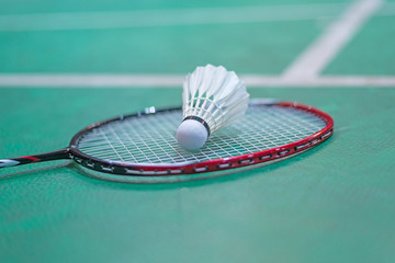 shuttlecock and badminton racket in  court
