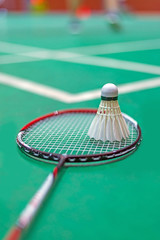 shuttlecock and badminton racket in  court