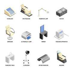 Cosmetology equipment vector icons set for cosmetic and skincare beauty salon