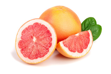 grapefruit and slice with leaves isolated on white background