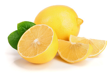 lemon and slice with leaf isolated on white background