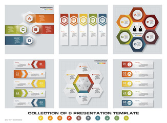 Collection of 6 design colorful presentation templates. EPS10. Set of infographics design vector and business icons.