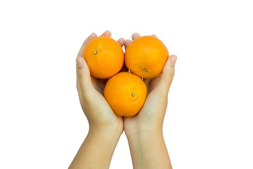 Woman hand with orange fruit isolated on white background