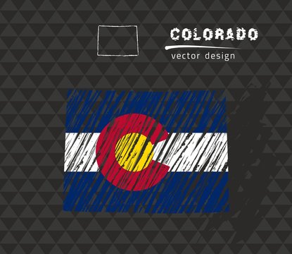 Colorado map with flag inside on the black background. Chalk sketch vector illustration