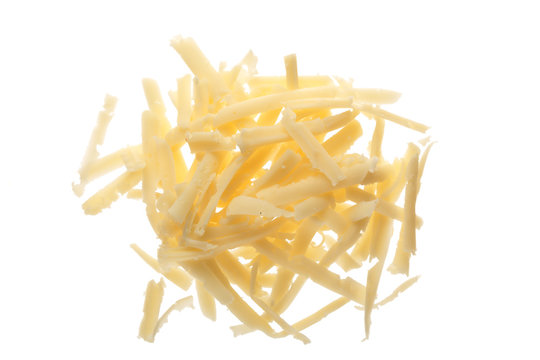 Grated Cheese Isolated On White Background. Top View