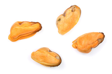 mussels isolated on white background. Top view. Flat lay