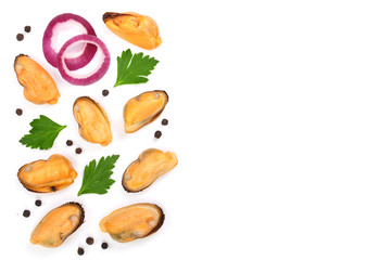 mussels with parsley and peppercorns isolated on white background with copy space for your text. Top view. Flat lay