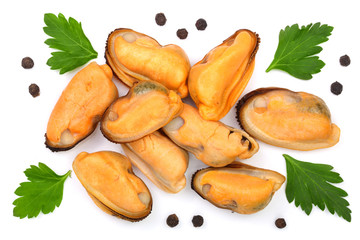 mussels with parsley and peppercorns isolated on white background. Top view. Flat lay