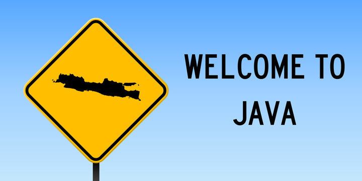 Java map on road sign. Wide poster with Java island map on yellow rhomb road sign. Vector illustration.