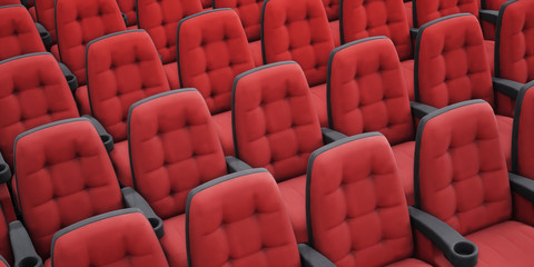 Empty red cinema chairs. Perspective view. 3d rendering image.