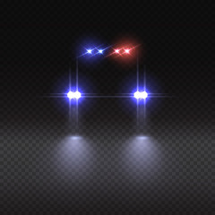 Vector realistic police car light effect on dark transparent background. 