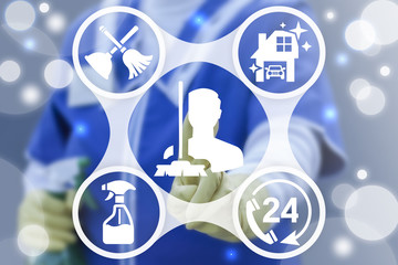Cleaning Service. Clean Services Business Concept. Cleaner woman in uniform pressing cleaning service button on virtual screen. Professional cleanup of house, office and car.