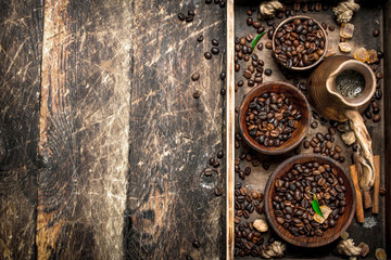 Fresh coffee with fried grains.