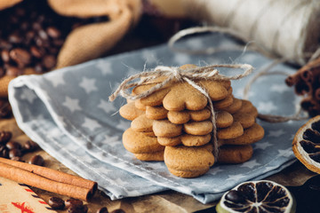 Fototapeta premium Tasty Gingerbread cookies, stars and flowers, food closeup
