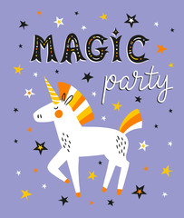 Unicorn magic vector card with the lettering - Magic party . Funny kids design.