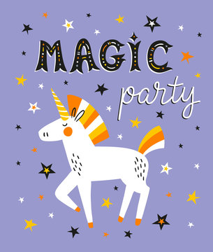 Fototapeta Unicorn magic vector card with the lettering - Magic party . Funny kids design.