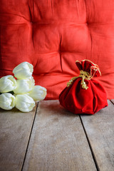 Chinese New Year Red fabric or silk  bag, ang pow of luck