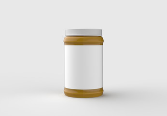 Fototapeta na wymiar Mustard jar mock up with white label isolated on soft gray background. 3D illustrating.