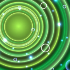 Green neon circles background. Abstract bright neon background. 