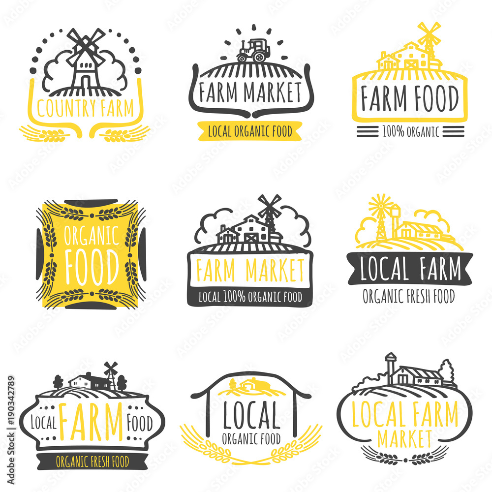 Wall mural Hand drawn farm market organic food labels set