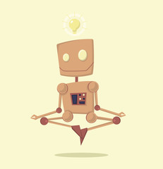 Funny cartoon meditating robot with idea vector. Character cartoon style. Robot with light bulb over his head