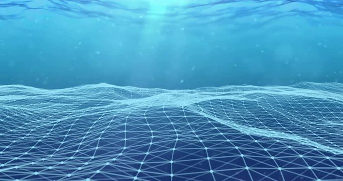 abstract 3d rendering, technology plexus blue dynamic digital surface movement on blue gradient underwater background with particles,  geometrical shape with blue triangle particles futuristic 