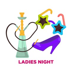 Ladies night party or dance music club vector icons for and birthday holiday celebration of shisha and heels