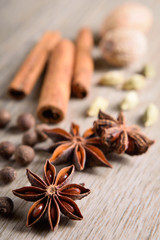 Various Spices background. Cinnamon sticks and anise stars close-up on wood background