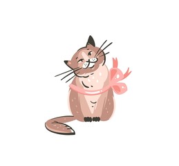 Hand drawn vector abstract graphic doodle cartoon simple illustration icon with cute funny domestic spring cat in pink pastel bow isolated on white background