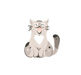 Hand drawn vector abstract graphic doodle cartoon simple illustration icon with cute funny domestic spring meowing cat isolated on white background