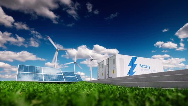 Concept of renewable energy storage system. Renewable energy - photovoltaics, wind turbines and battery container in fresh nature. 3d rendering.