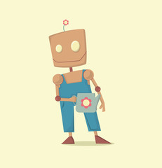 Robot gardener funny cartoon vector illustration. Character cartoon style