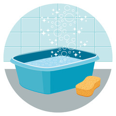 Basin filled with water with sponge. House cleaning vector icon II.
