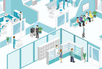 Isometric flat interior ofwaiting room, reception, mri, operating.