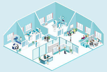 Isometric flat interior ofwaiting room, reception, mri, operating.