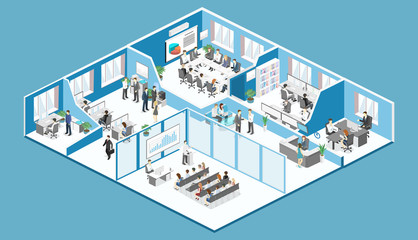 Isometric interior departments concept vector. conference hall, offices, workplaces