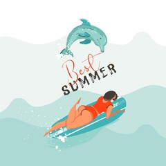 Hand drawn vector abstract summer time fun illustration with swimming happy surfer girl in bikini in water with jumping dolphin and modern typography quote Best summer isolated on blue background