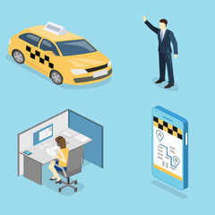 Isometric flat 3D isolated concept vector taxi transport, service. © reenya