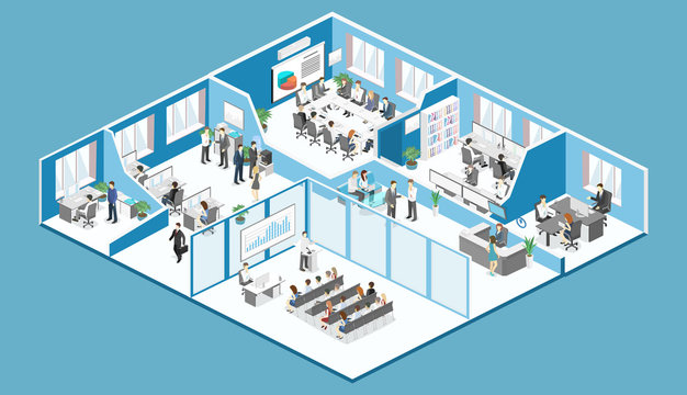 isometric office building with people working clip art preview
