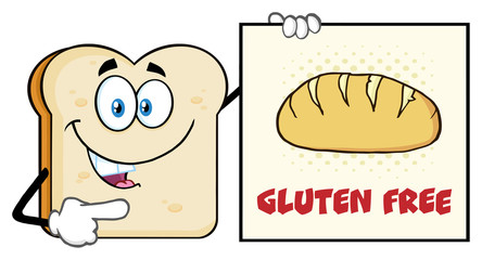 Talking Bread Slice Cartoon Mascot Character Pointing To A Sign Gluten Free. Vector Illustration Isolated On White Background