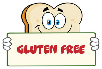 White Sliced Bread Cartoon Mascot Character Holding A Sign. Illustration With Text Gluten Free Isolated On White Background