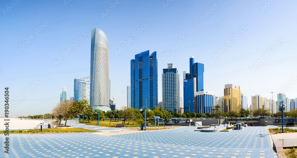 Wall mural abu dhabi panoramic view from the promenade with landmark skyscr - Wall murals