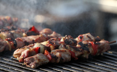 Kebab on wooden skewers on grill. Shashlik or shashlyk – meat skewers on grill outside. Shish kebab on a barbecue. Roast meat on BBQ. Selective focus through smoke.