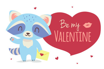 Fototapeta na wymiar vector cartoon blue raccoon with envelope greeting card illustration